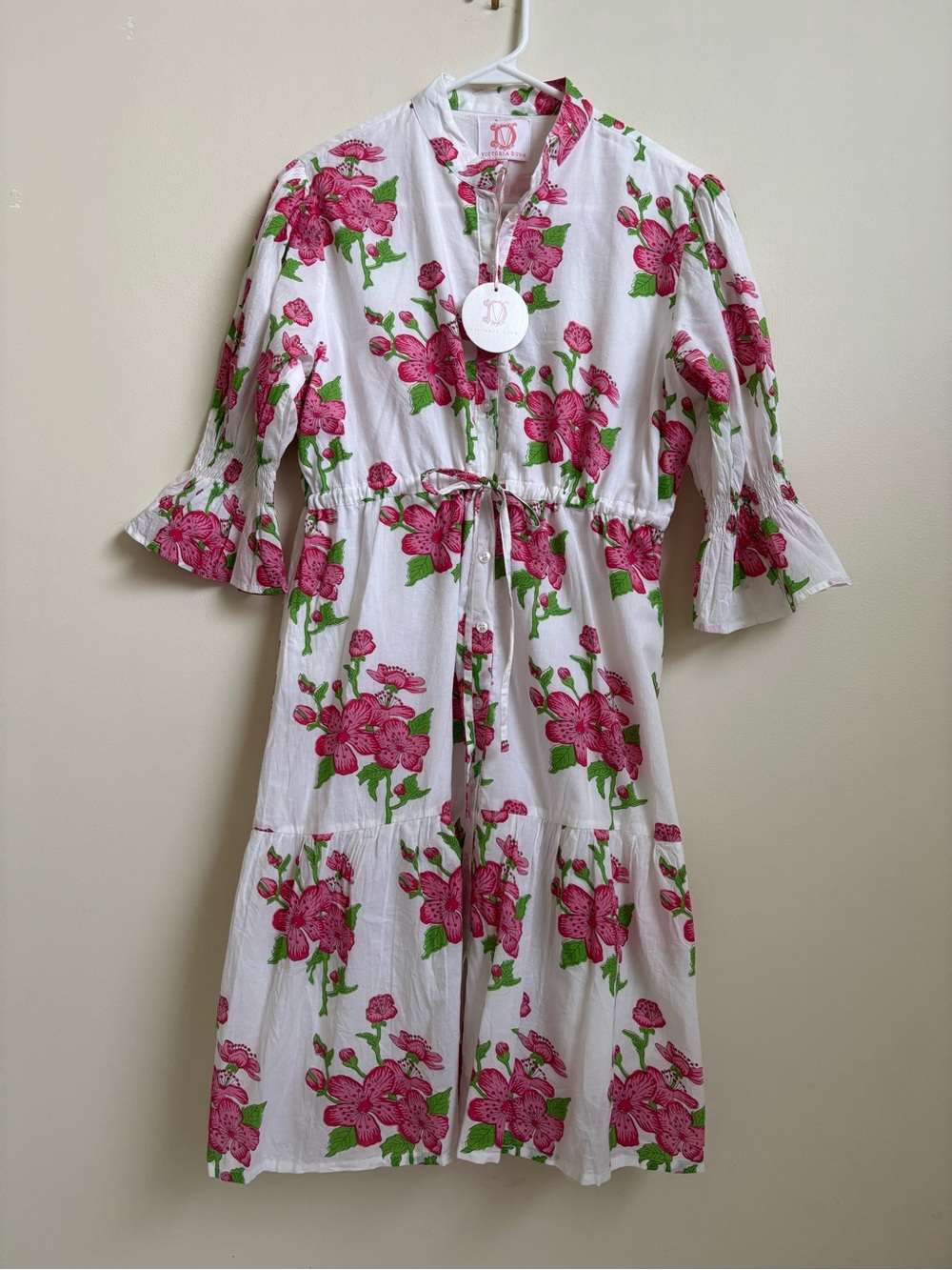 Victoria Dunn White Midi Dress with Pink Floral Print